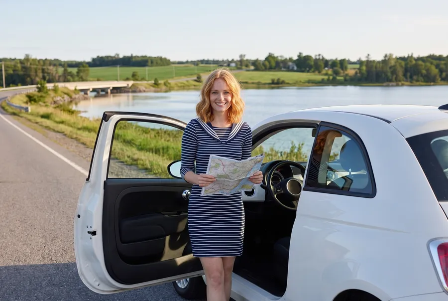 Generated image: the guide's character stands by the open door of a small white car on a country road along a calm bay, holding a paper road map, a low bridge in the distance.